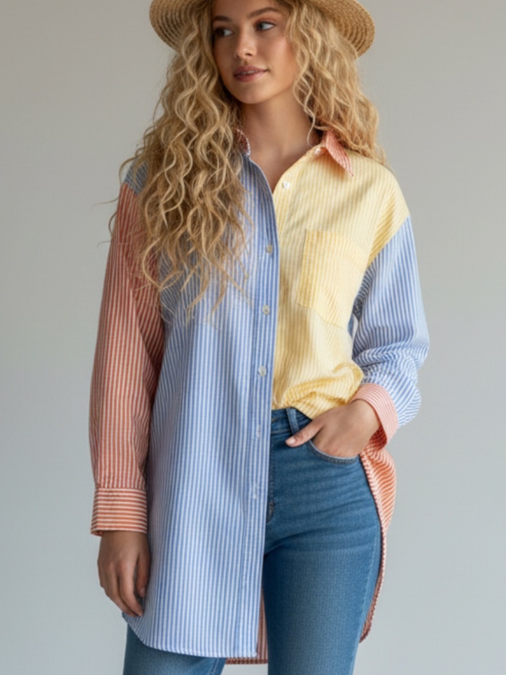 Colorblock Striped Button Down Shirt